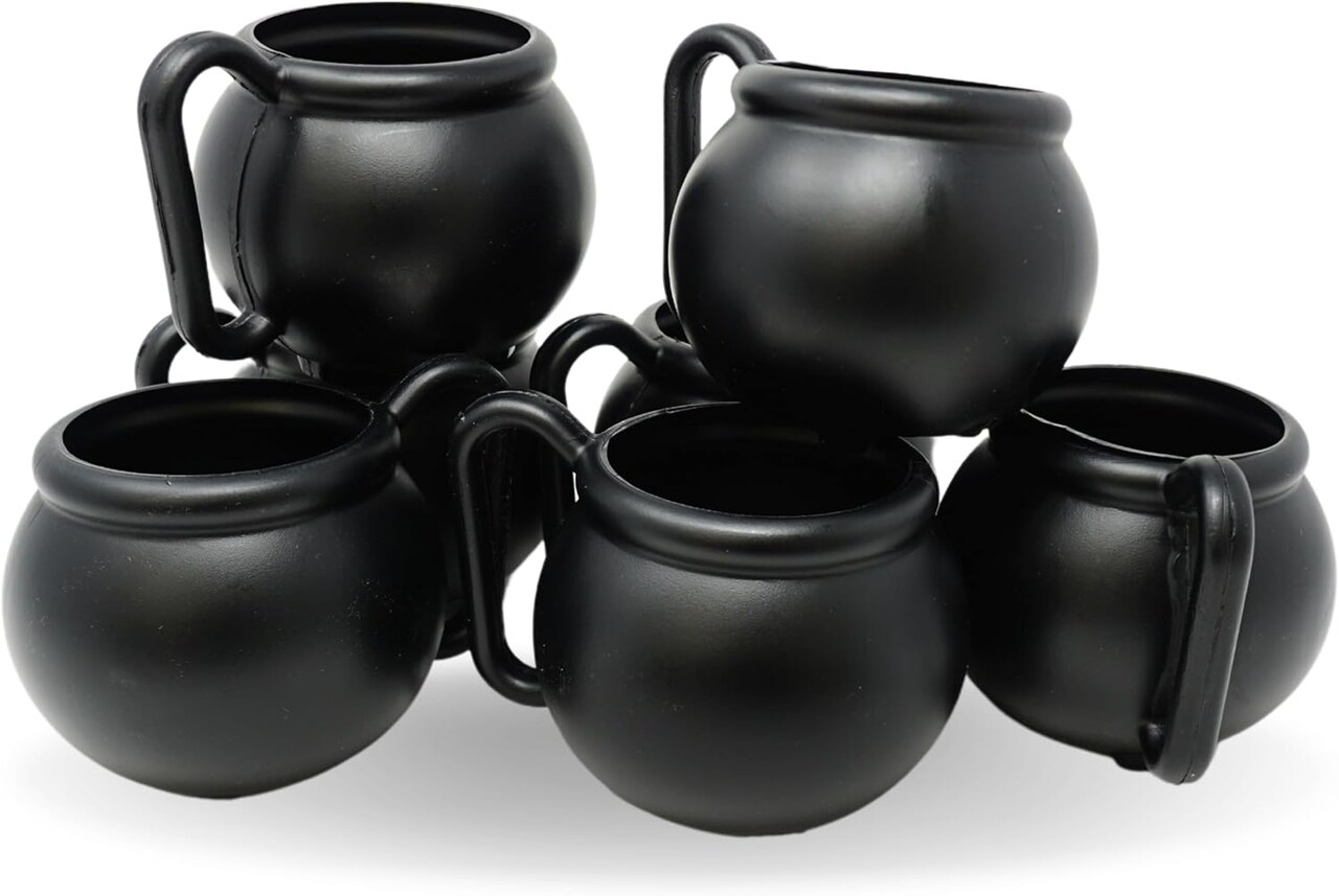 4E's Novelty Black Kettle Mugs 12 Pack, 12oz Plastic Cauldron Cups, BPA-Free Witch Party Favors, Halloween Mugs, St. Patrick’s Day Pots of Gold, Wizard Party Supplies, Candy Holders & Decorations